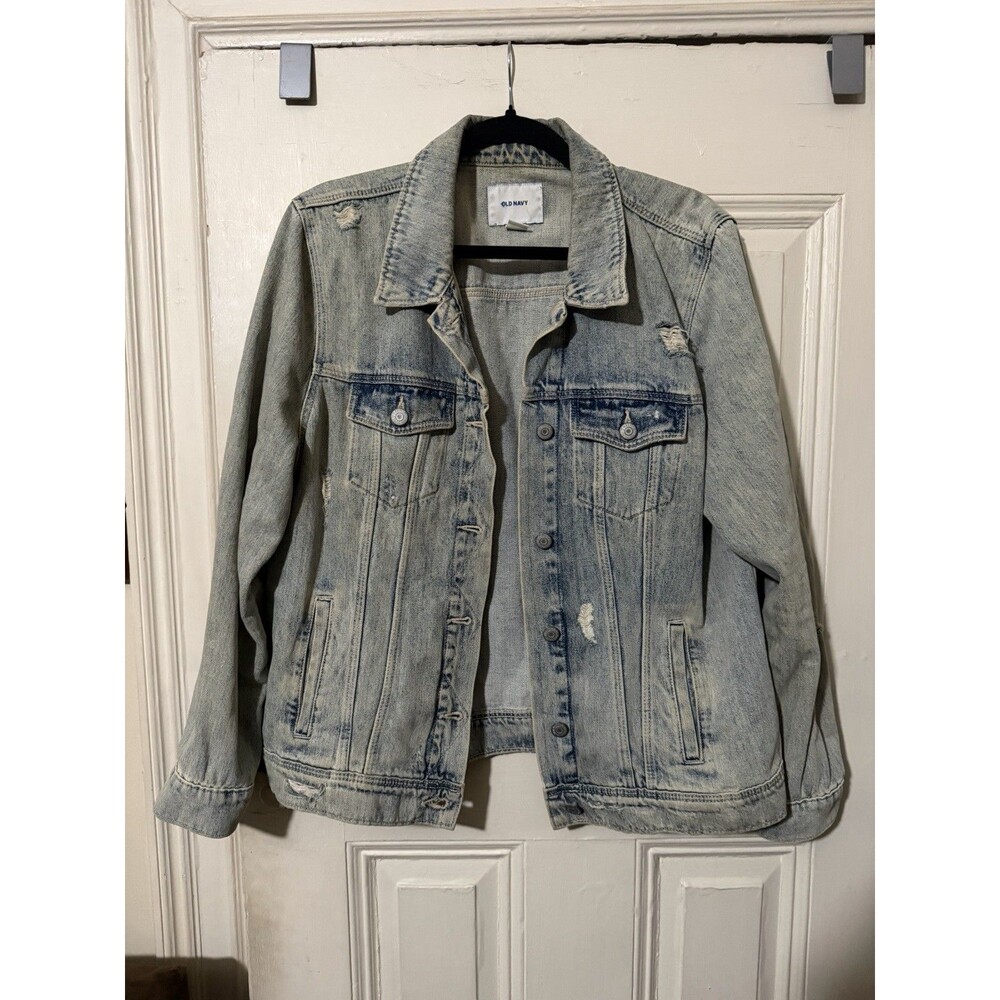 Old Navy Distressed Light Wash Denim Trucker Jacket XL Button Front 100% Cotton